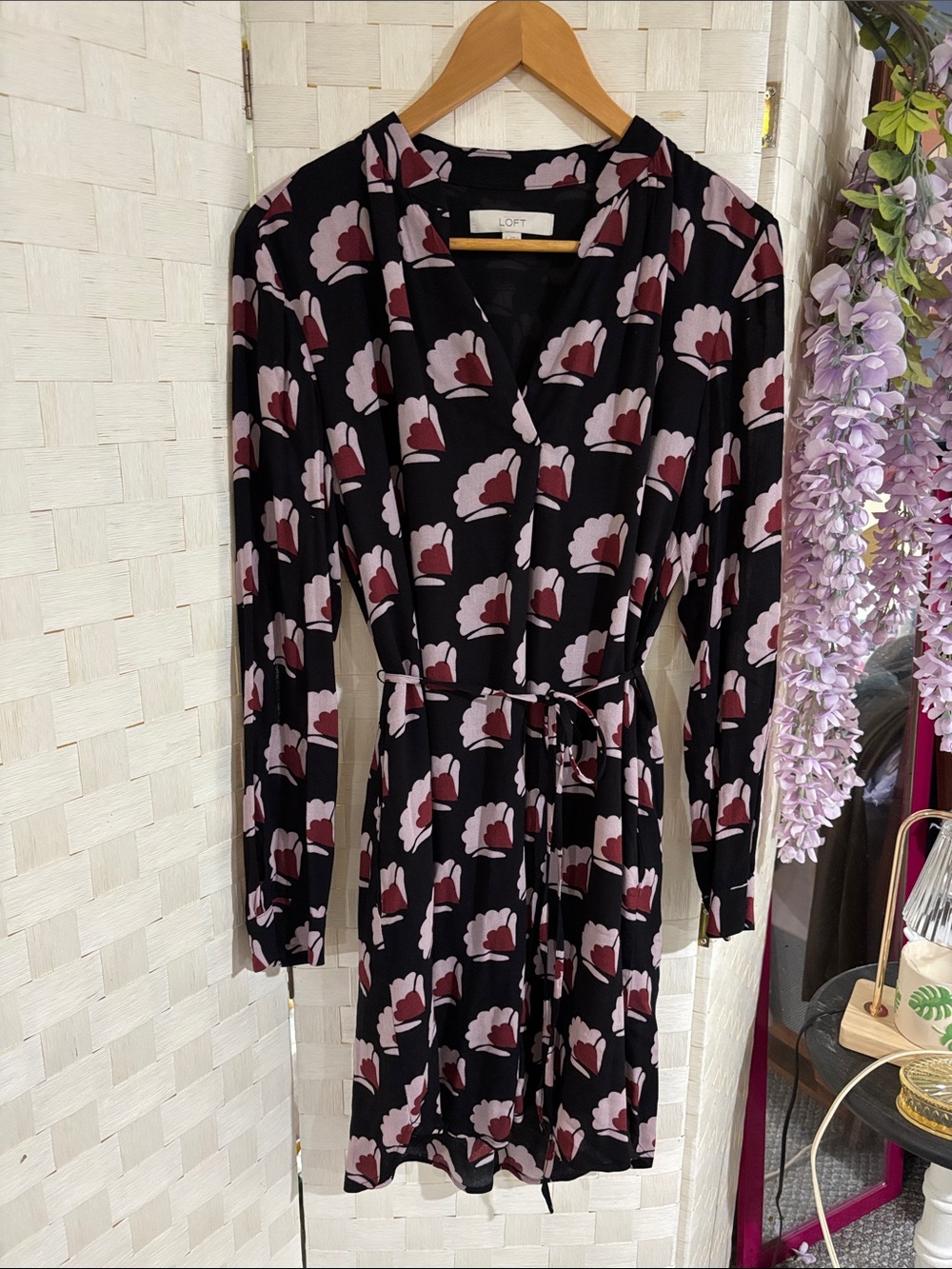 LOFT Black Long-Sleeve Shift Dress with Burgundy & Blush Floral Print
